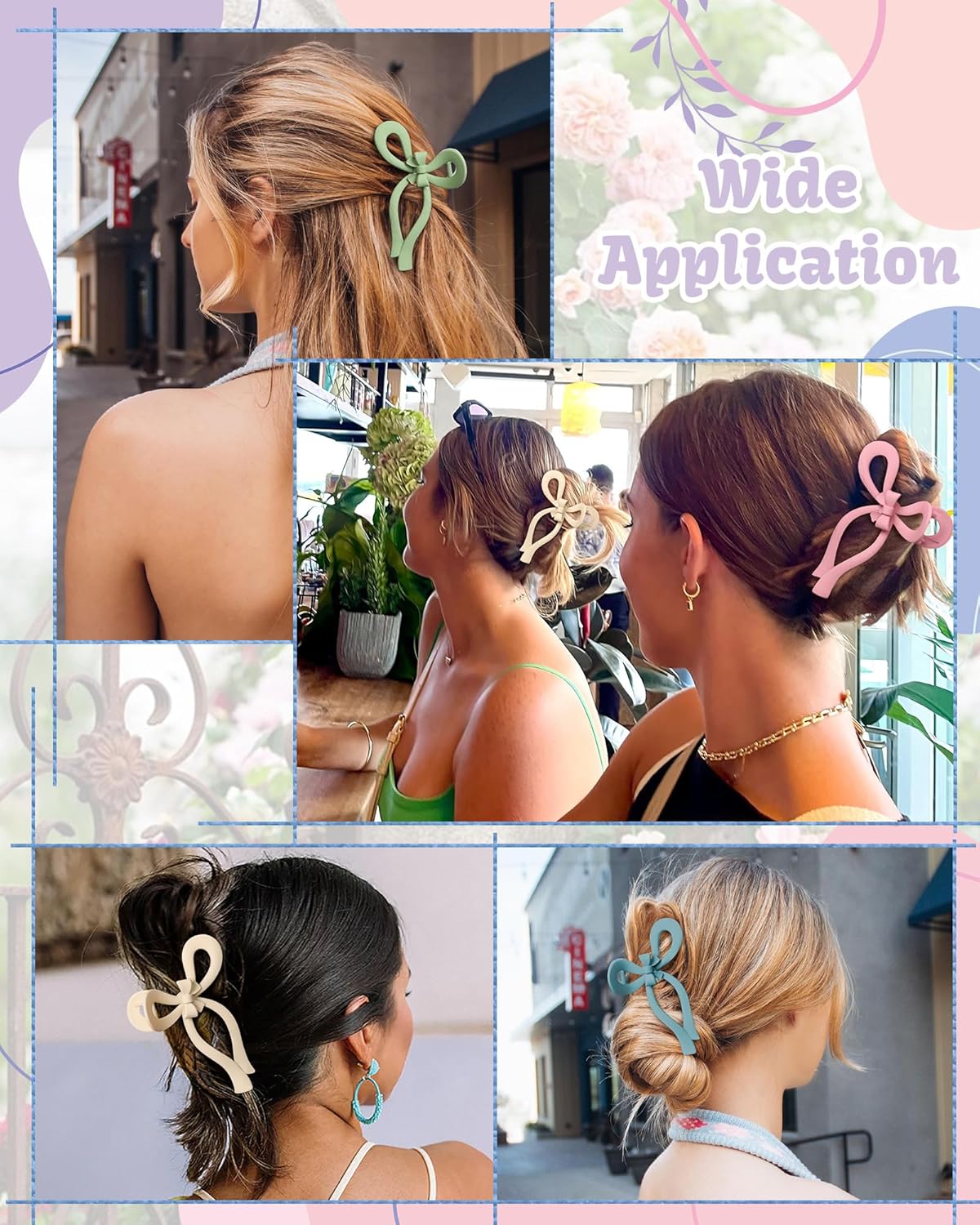 4 PCS Bow Hair Clips Bow Claw Clip for Women Nonslip Large Hair Claw Clips for Thin and Thick Hair Strong Hold Hair Bows (Pink+Blue+Green+Off-White)