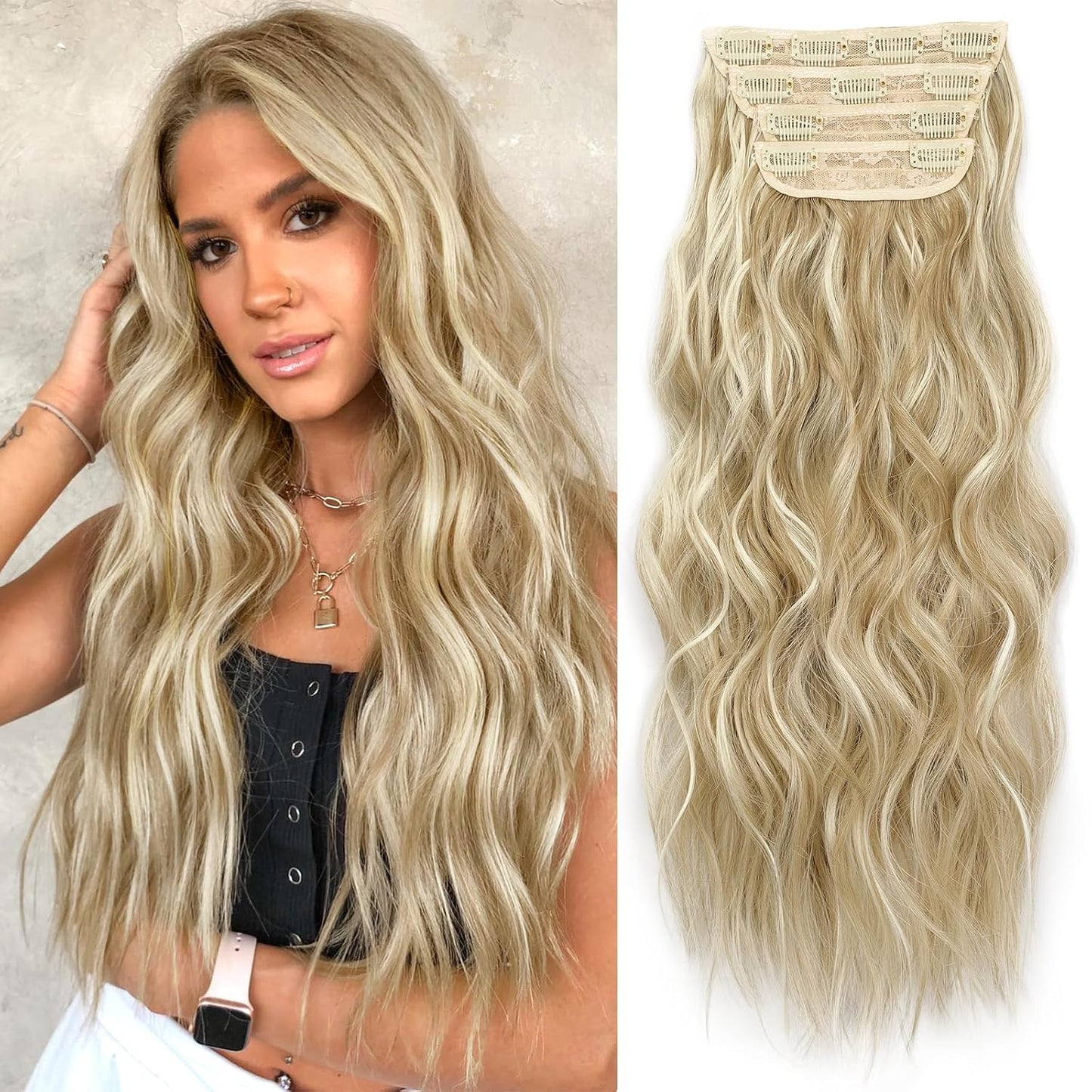 KooKaStyle Beach Blonde Hair Extensions Clip in Synthetic Highlight Hair Extensions Long Wavy 4PCS Thick Hairpieces 20 Inch for Women