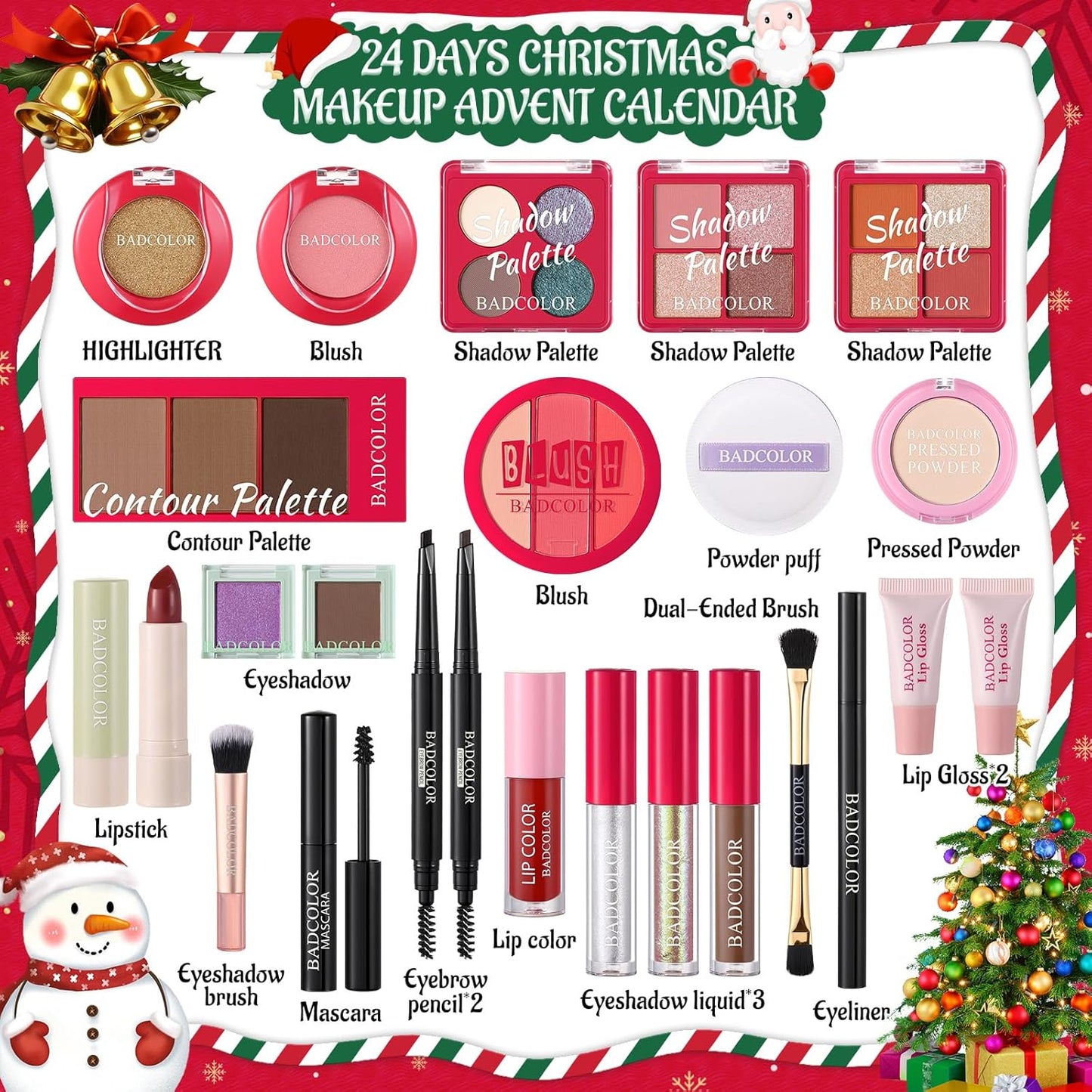 Makeup Advent Calendar 2025, 24 Days Christmas Countdown Calendar Surprise Gift Kit, Xmas Holiday Festival Cosmetic Starter Makeup Set with 24 Beauty Boxes for Women Girls Teens