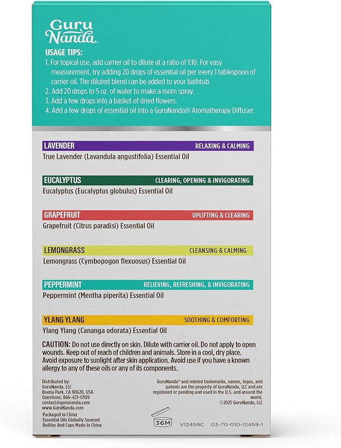 GuruNanda Essential Oils Set for Diffusers, 100% Pure, Aromatherapy, Massage, Candle & Soap Making Lavender, Peppermint, Eucalyptus, Grapefruit, Lemongrass, Ylang Ylang 0.33 Fl Oz (Pack of 6)