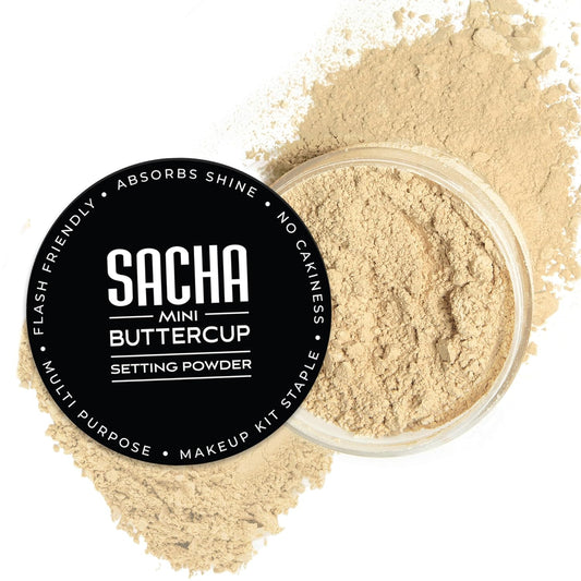 Sacha BUTTERCUP Light Mini Setting Powder. No Ashy Flashback. Blurs Fine Lines and Pores. Loose, Translucent Face Powder to Set Makeup Foundation or Concealer. For Light to Medium Skin Tones, 0.35 oz.