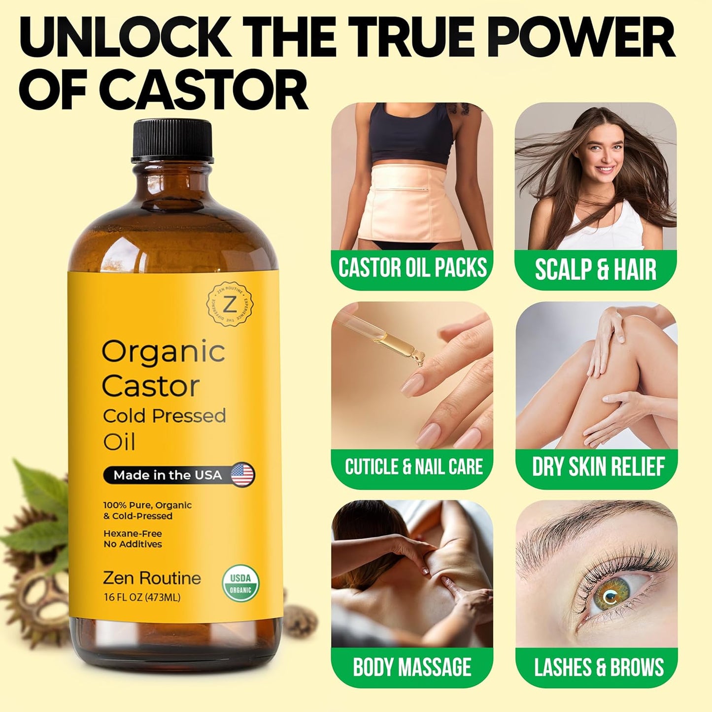 Zen Routine Organic Castor Oil (Glass Bottle - 16oz / 2-Pack) Hexane Free – Hair Growth Oil, Eye Lashes & Stomach, Pure 100% Cold Pressed Unrefined Castor Pack Wrap – USDA Certified, Made in the USA