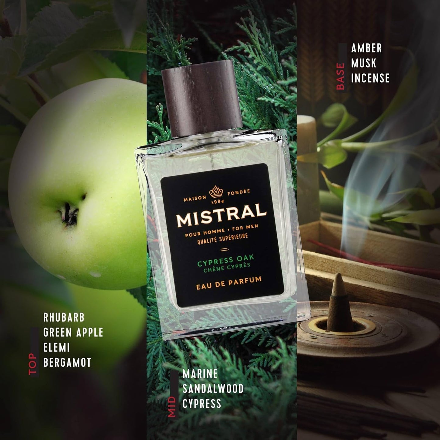 Mistral Men’s Cologne – Cypress Oak Eau de Parfum | Fresh & Woody Masculine Fragrance with Green Apple, Sandalwood & Musk | Cruelty-Free & Long-Lasting Perfume for Men, Made in France - 3.4 Oz