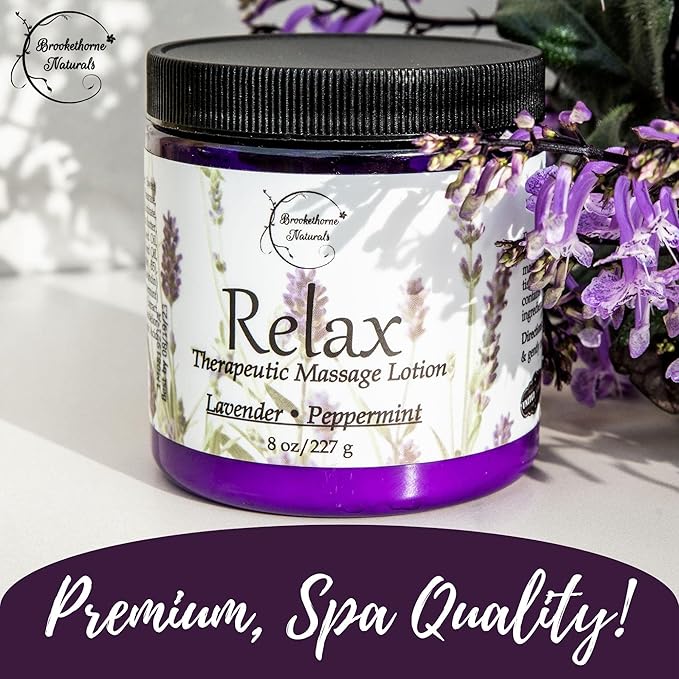 Relax Therapeutic Massage Lotion – All Natural Enriched with Lavender & Peppermint Essential Oils Perfect for Massage Therapy - Massage Cream for Full Body Massage - Brookethorne Naturals 8oz