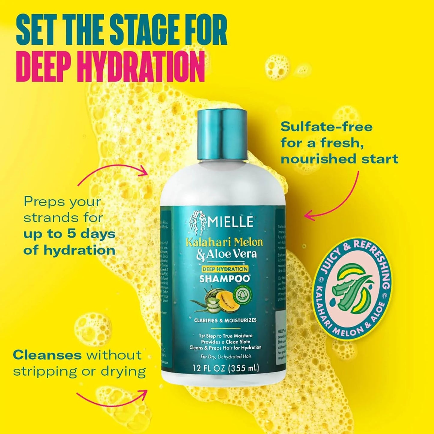 Mielle Kalahari Melon & Aloe Deep Sulfate Free Shampoo - Hydrating & Clarifying Shampoo for Dry, Curly, and Textured Hair - Removes Buildup & Delivers 5 Days of Moisture (12 fl oz)