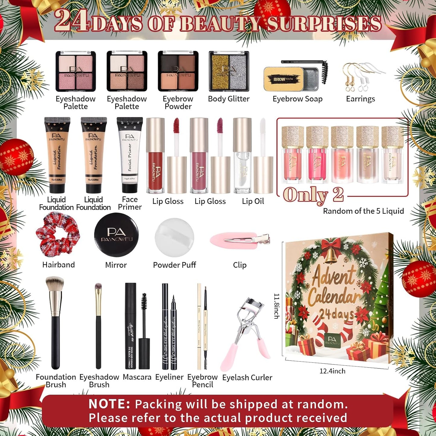 Makeup Advent Calendar 2025,24 Days Christmas Beauty Countdown Calendar Christmas for Women Teen Girl, 2025 Xmas Countdown Calendar Full Makeup Kits Mascara Lipstick Blush Eyeline Brush