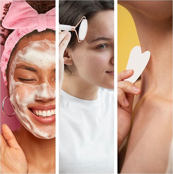 Earth & I White Jade Roller & Face Guasha Set 2pc, at Home Spa Essentials, Women Self Care, Face Tool for Lymphatic Drainage, Gua Sha Roller, Gusha, Facial Gua Sha Tool, Spa Accessories for Women