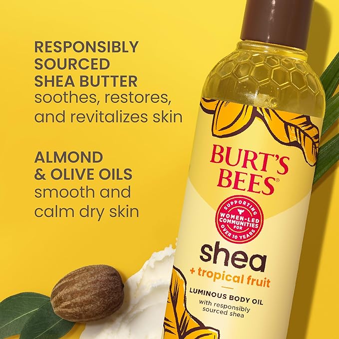 Burt's Bees Shea + Tropical Fruit Luminous Body Oil, Mothers Day Gifts, Non-Greasy, Antioxidant Rich for Glowing Skin, Non-Irritating, Natural Origin Skin Care, 8 oz.