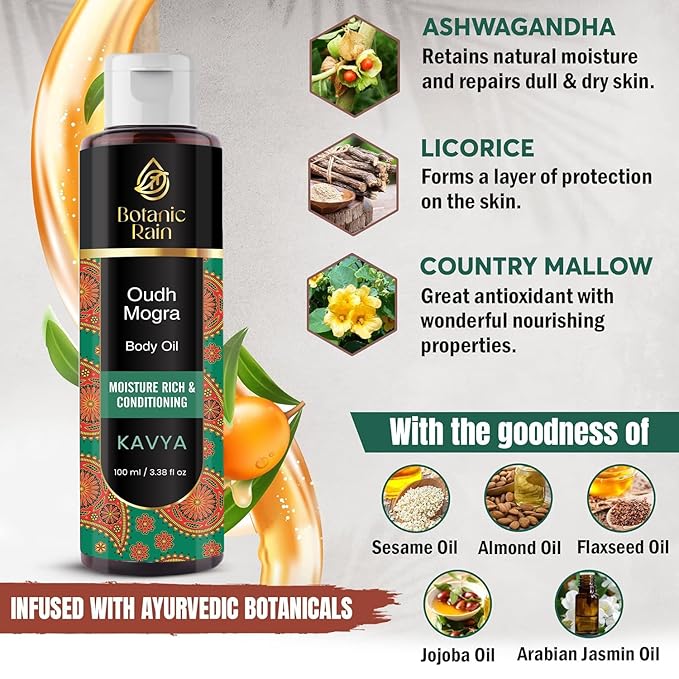 Ayurveda Body Oil With Oudh & Mogra, Organic Body Oil After Shower, Moisturizing & Hydrating Natural Body Oils For Women And Men, 3.38 Fl Oz