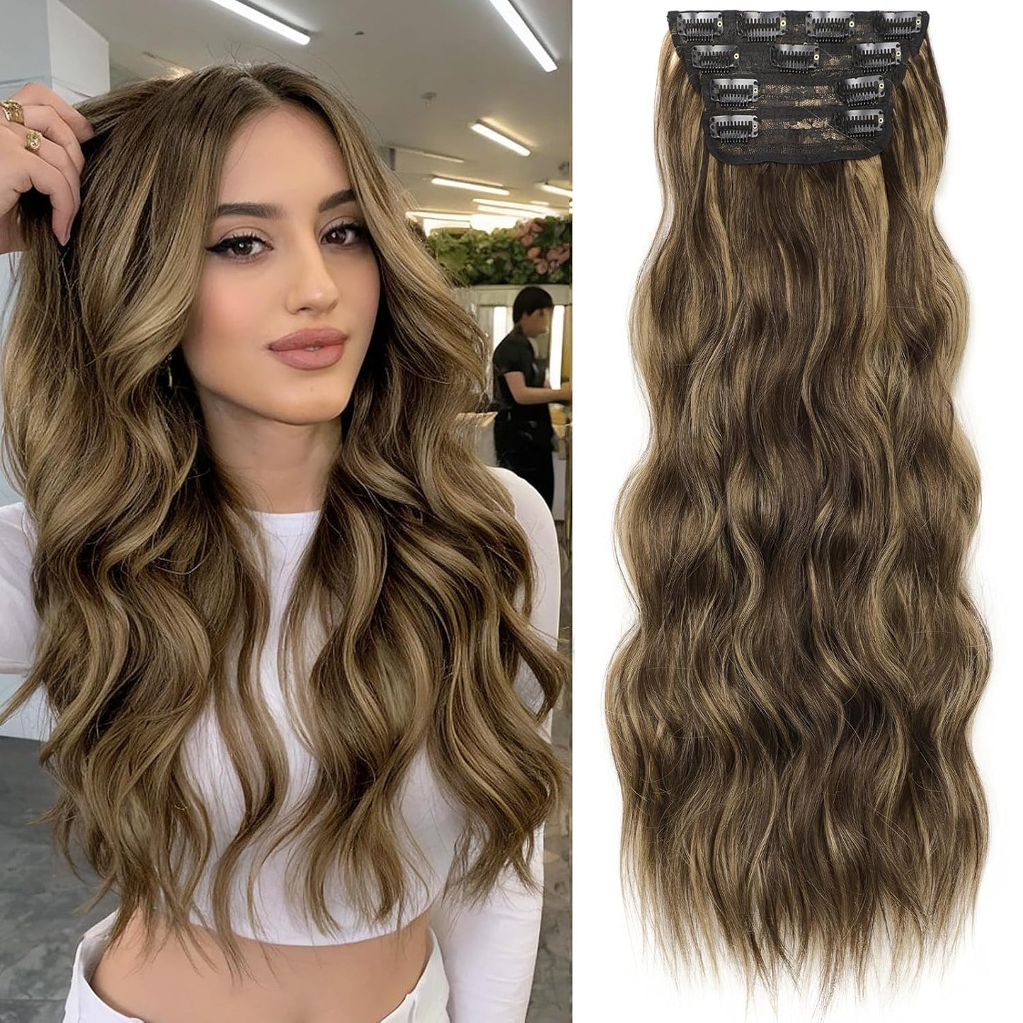KooKaStyle Clip in Synthetic Hair Extensions Long Wavy 4PCS Thick Hairpieces Balayage Chocolate Brown to Caramel Blonde 10H26 Fiber Double Weft Natural Hair Extensions 24 Inch for Women