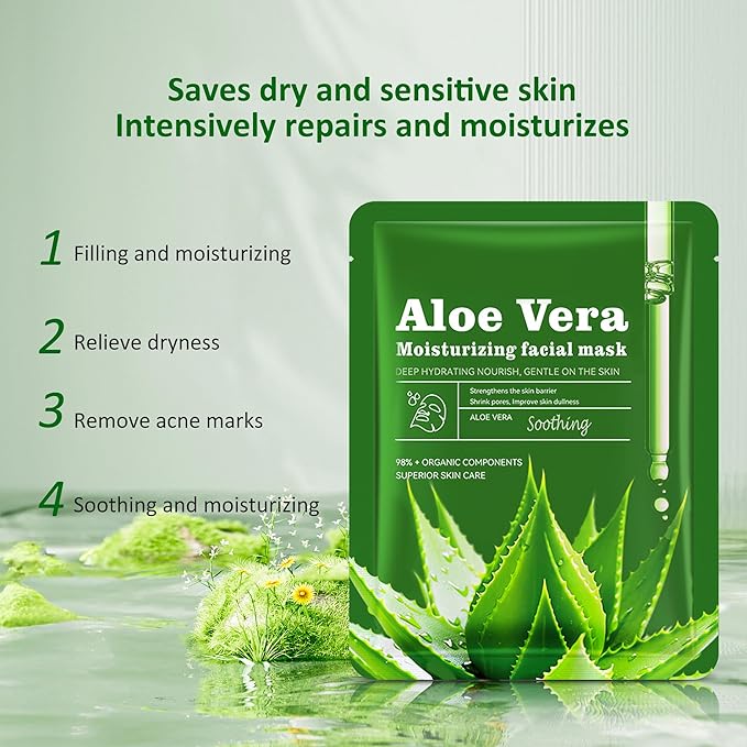 Aloe Vera Soothing Mask Hydrating Face Masks Skincare Moisturizing Facial Sheet Mask Skin care for Dry, Oily, Sensitive Skin Face Mask for Acne, Sun Care, Calming, 25ml/0.88oz, Pack of 10