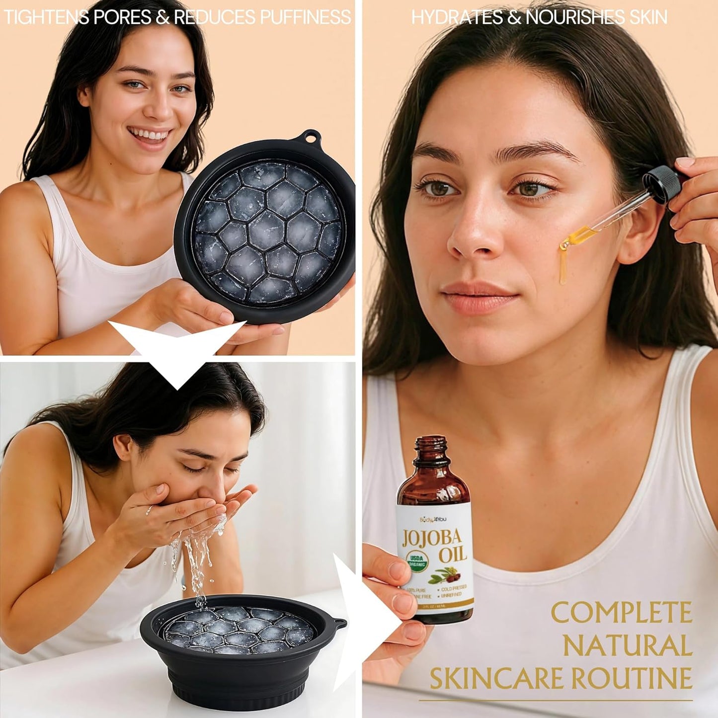 Face Ice Bowl Ice Bath Cold Plunge Dunk Dip - Silicone Collapsible Bucket Tub Subzero Basin Facial Plunge Bowl - Face Washing Ice Water Cleanse Jojoba Oil Dropper Skin Hair Lashes - 2 Fl Oz