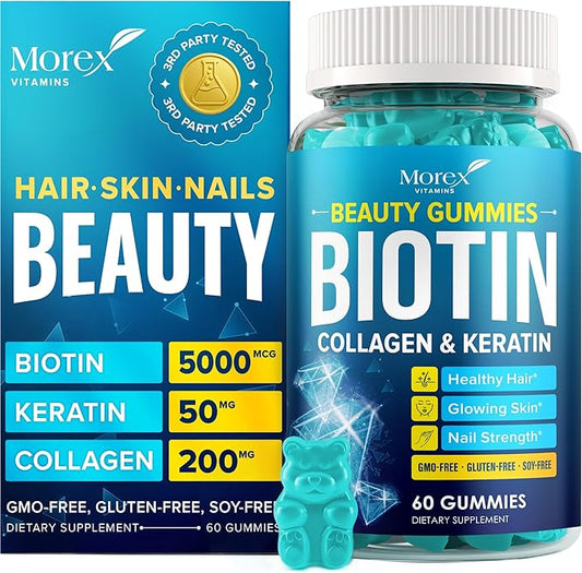 Biotin Collagen Keratin Gummies - Multivitamin Natural for Hair, Skin & Nails with Vitamin A, D, B7 - Anti Aging Collagen Gummy Vitamins for Men & Women, Hair & Nail Growth Supplement - 60 Gummy Bears