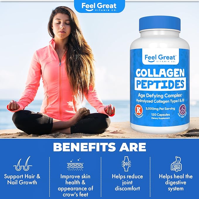 Hydrolyzed Collagen Peptides Powder Capsules (Type I &III) by Feel Great Vitamin Co. | Wheat Free, Keto & Paleo Friendly | Collagen Powder Supplement for Hair, Skin and Nails*