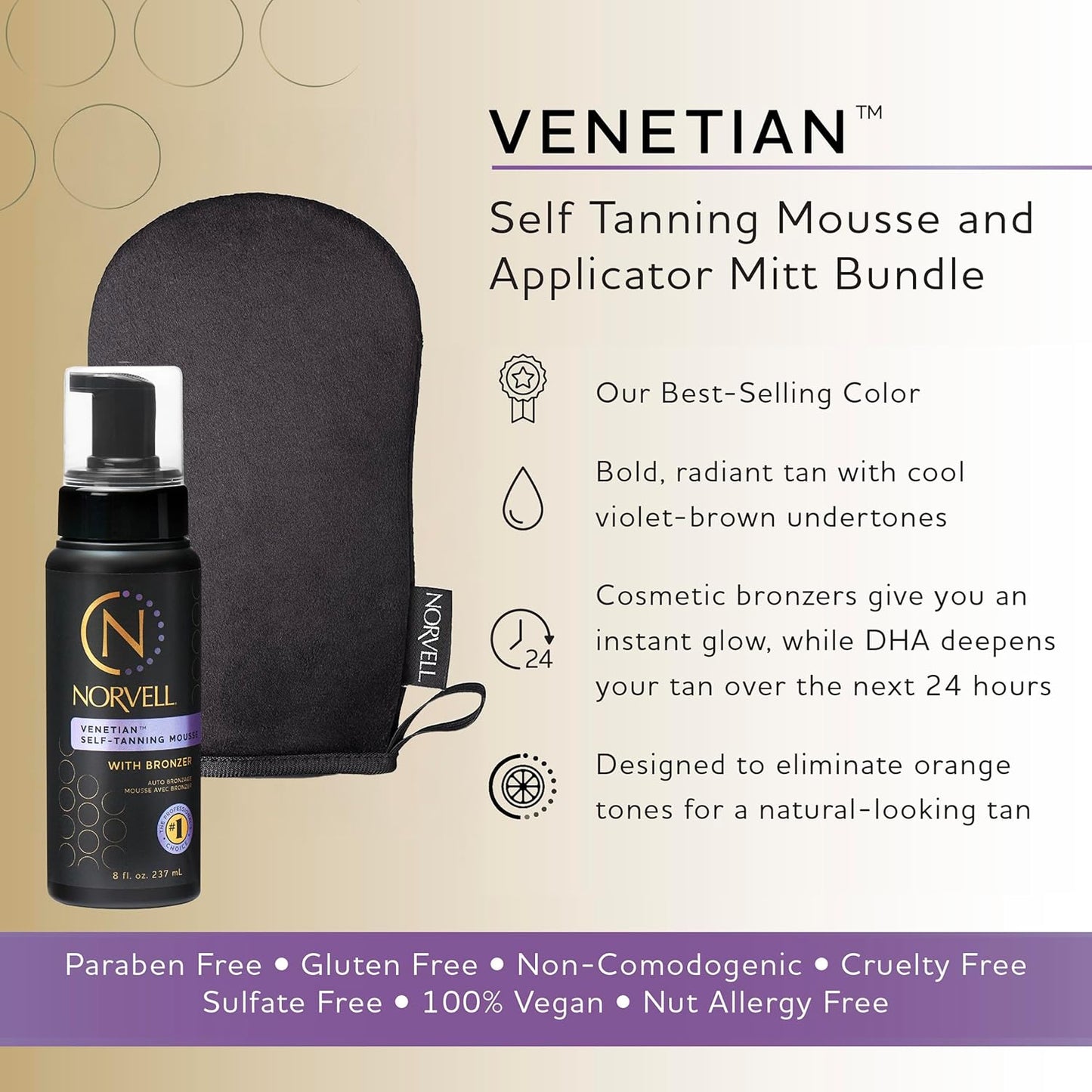 Norvell Sunless Self Tanning Bundle - Venetian Self Tanner Mousse with Bronzer, 8 Fl Oz + Streak-Free Tan Applicator Mitt - Premium Natural Looking Self Tanning Foam and Washable Self Tan Mitt