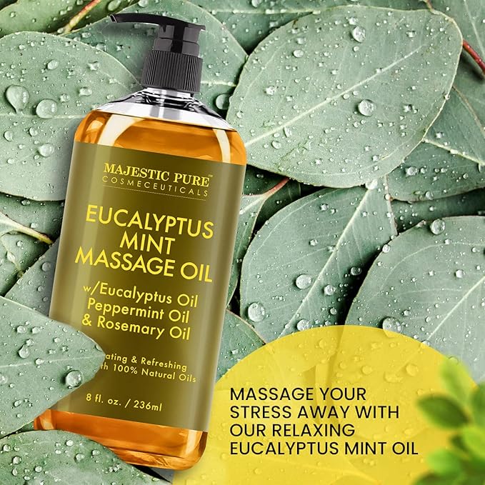 MAJESTIC PURE Eucalyptus Mint Massage Oil - Invigorating, Refreshing, and Relaxing - Massage, Made with Natural Oils - for All Skin Types - Men and Women - 8 fl oz