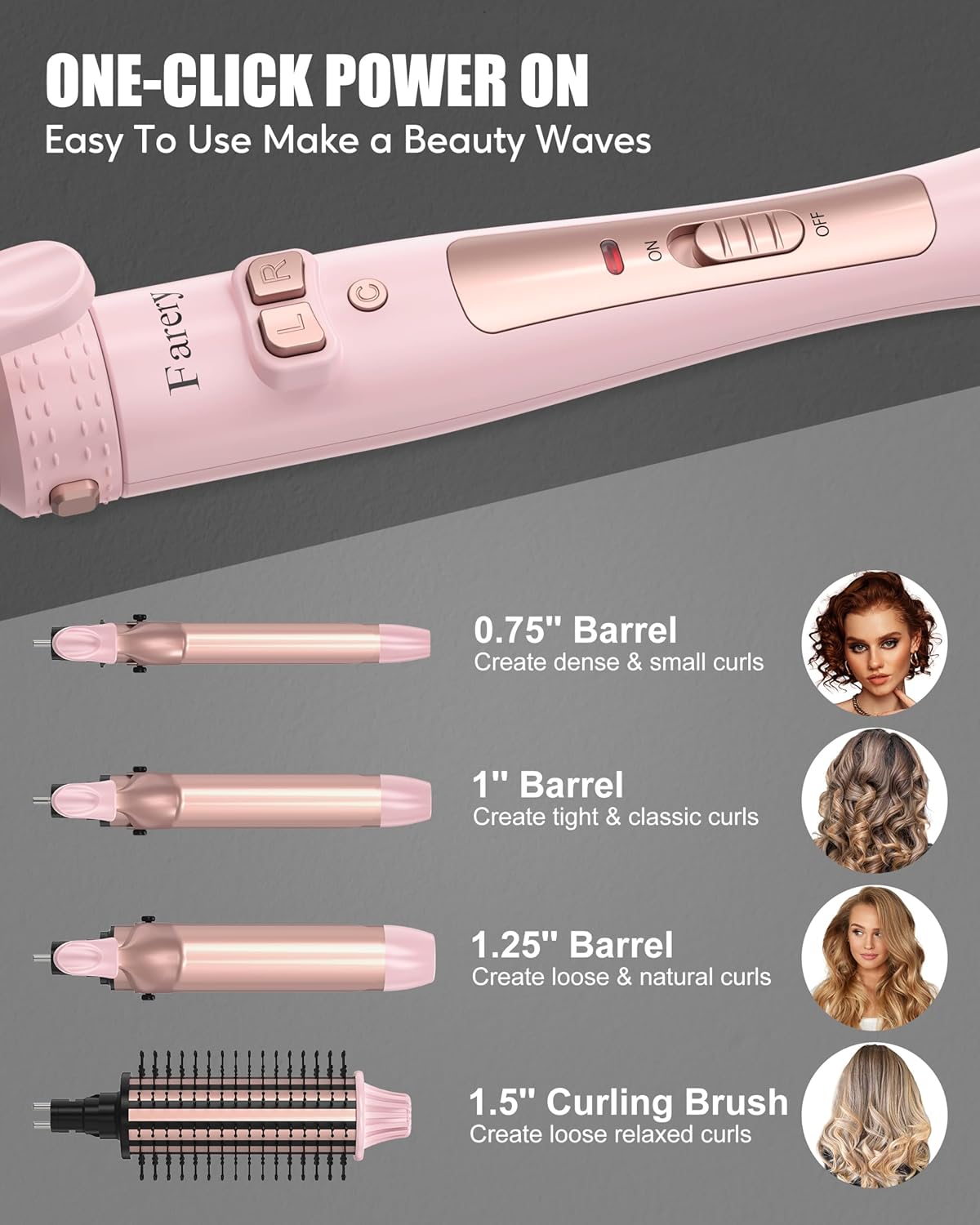 FARERY 4-in-1 Interchangeable Automatic Rotating Curling Iron & Thermal Brush Set, 0.75''/1''/1.25'' Curling Iron & 1.5'' Heating Round Curling Brush, ONE Heat 410°F, Pink