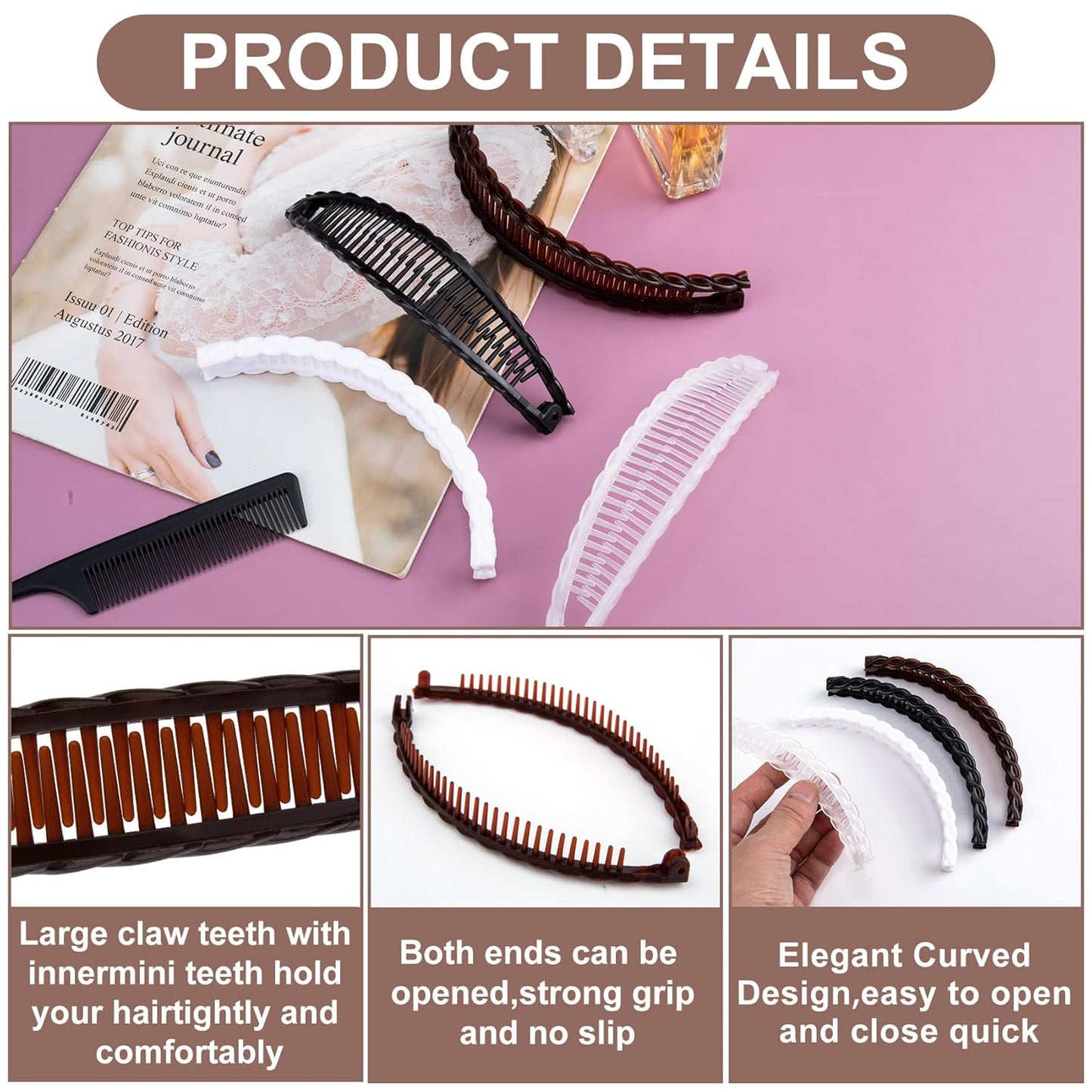 4pcs Banana Hair Clips for Women, Non-Slip Hair Claws with Double Combs, Vintage Hairpin Thick Long Curly Hair Styling Accessories for Daily, Party - Black, Brown, White, Clear (Wavy Edge)