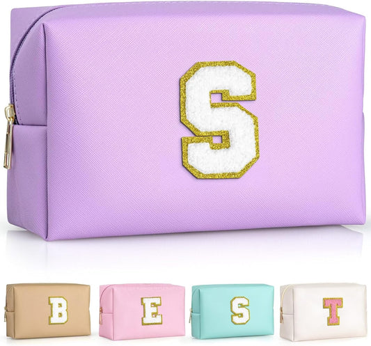 TOPEAST Initial Cosmetic Bag for Women, Preppy Small Makeup Bag, PU Leather Waterproof Toiletry Bag, Monogrammed Birthday Gifts for Women, Stuff for girls (Purple S)