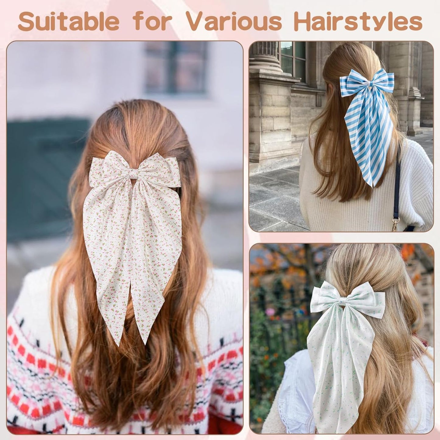 6 PCS Hair Bows for Women, Big Bow Hair Clips for Girls, Silky Satin Hair Bows Clips Oversized Long Tail, Large Cute Aesthetic Hair Accessories, Metal Bow Hair Clips Holiday Gifts