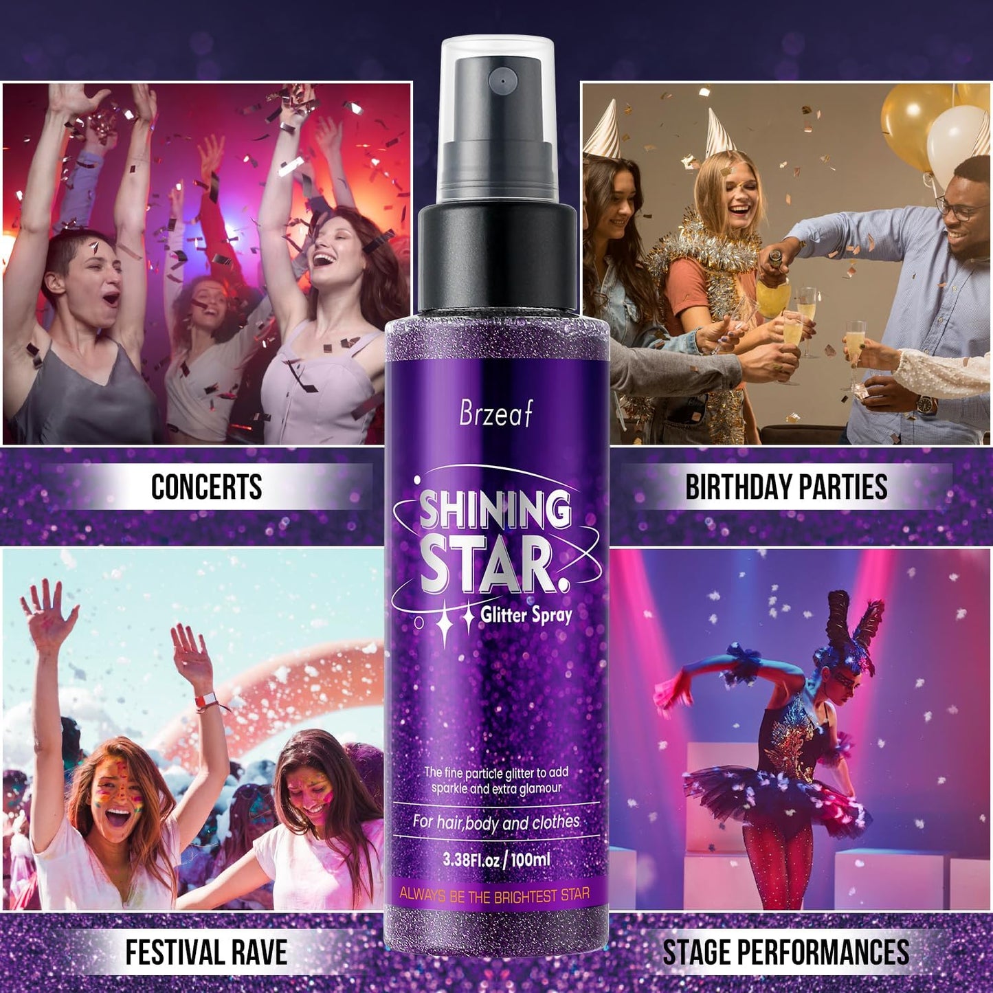 Brzeaf Glitter Spray, Halloween Glitter Spray for Hair and Body, Long-Lasting & Quick-Drying, Shiny Glitter Hairspray, Waterproof Body Glitter, for Stage Makeup and Festival Rave