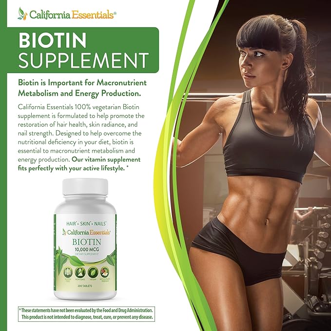 California Essentials Biotin 10000mcg | Vitamin B7 Promotes Healthy Skin, Hair & Nail Growth | High Potency Dietary Supplement for Men & Women | Non-GMO, Vegan, Gluten & Dairy Free (200 Tablets)