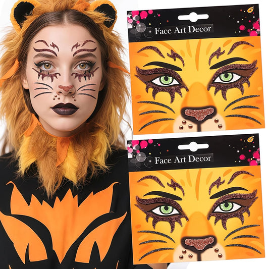 Face Stickers Gems Halloween Temporary Tattoo Sticker Animals Face Sticker Decal Body Face Self-adhesive Sticker Stage Makeup Party Cosplay Decoration 2pcs (lion)