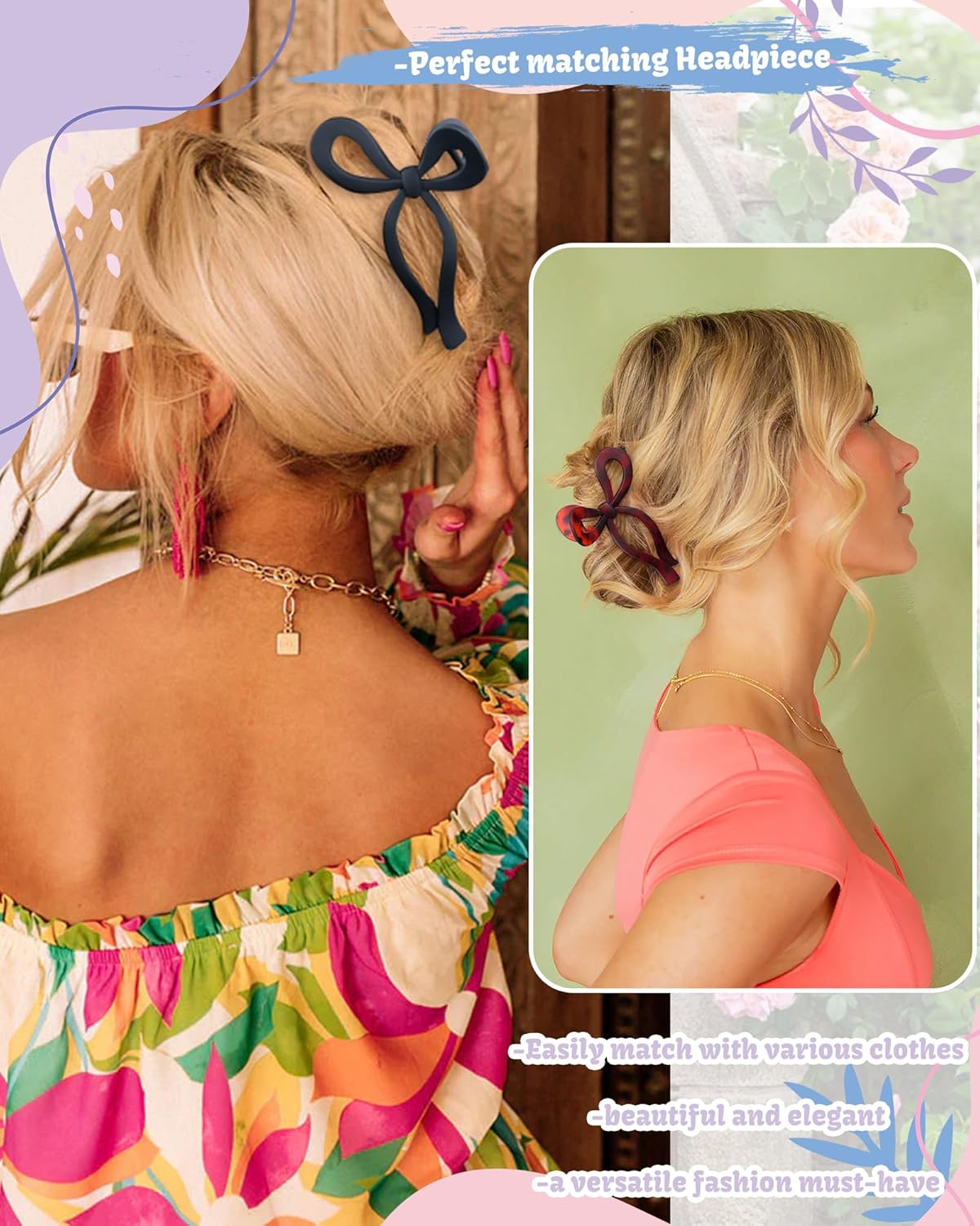 4 PCS Bow Hair Clips Bow Claw Clip for Women Nonslip Large Hair Claw Clips for Thin and Thick Hair Strong Hold Hair Bows (Black+Leopard Print (Light Brown+Dark Brown))