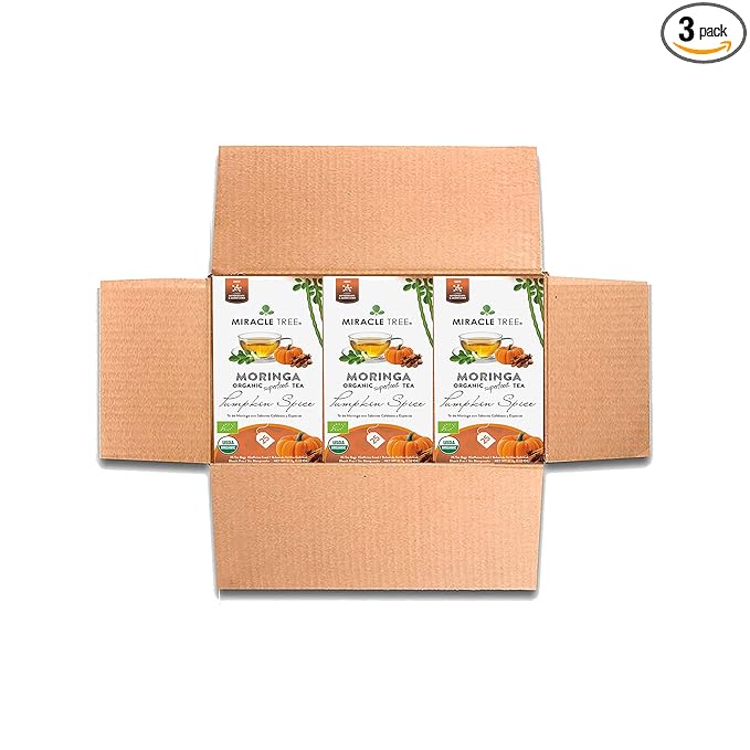 Miracle Tree - 3 Count of Organic Moringa Superfood Tea, 25 Individually Sealed Tea Bags, Pumpkin Spice (Keto, Detox, Energy/Immunity Booster, Vegan, Gluten-Free, Organic, Non-GMO, Caffeine-Free)