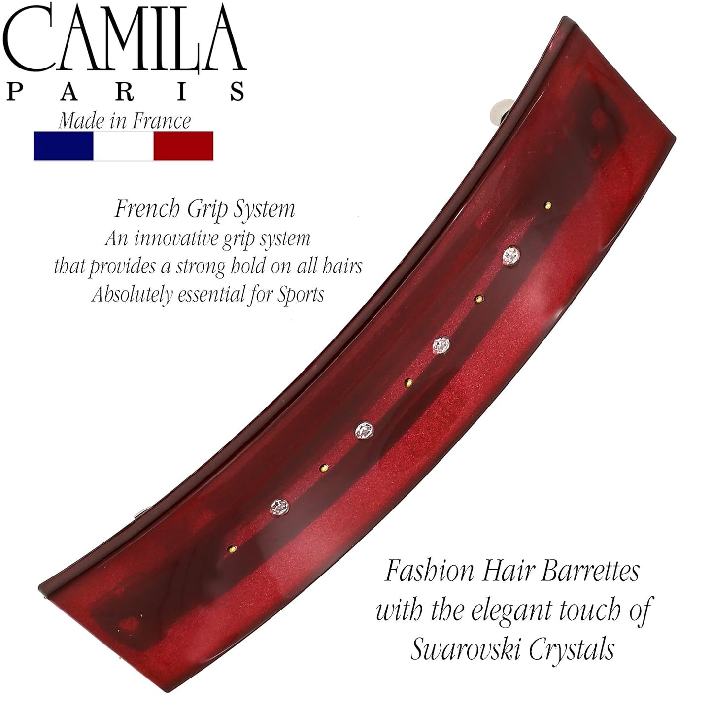 Camila Paris CP3190 French Hair Barrette Clip for Girls, Red, Rubberized Automatic Clasp Strong Hold Grip Hair Clips for Women, No Slip and Durable Styling Girls Hair Accessories, Made in France