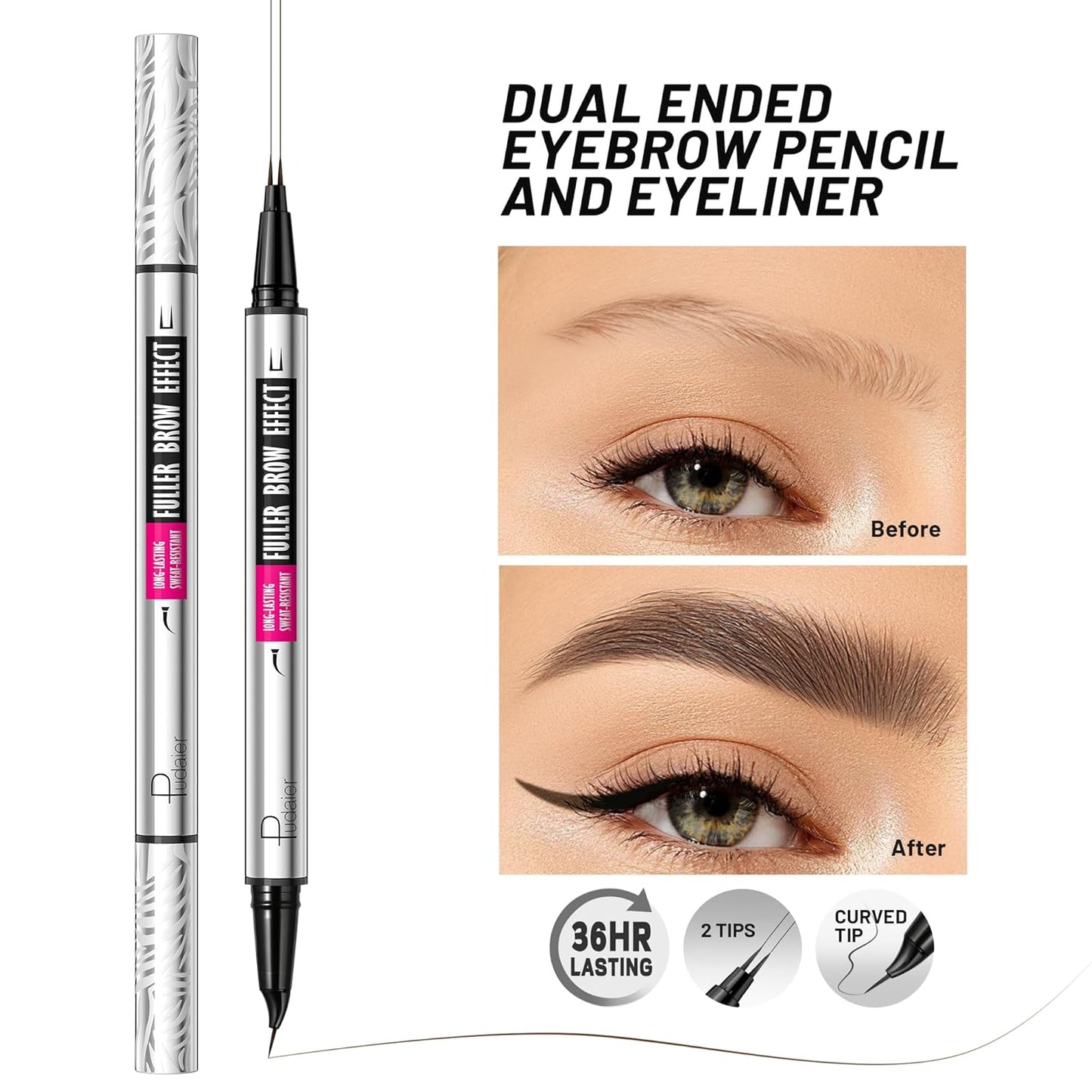 Pudaier 2 Pack 2 Fine Tip Eyebrow Pen, Waterproof Filling Faux Brow Makeup Pencils for Women with Precise Curved Brush-Tip to Fast Create Natural Hair-Like Brows, Last All-Day (Dark Brown)