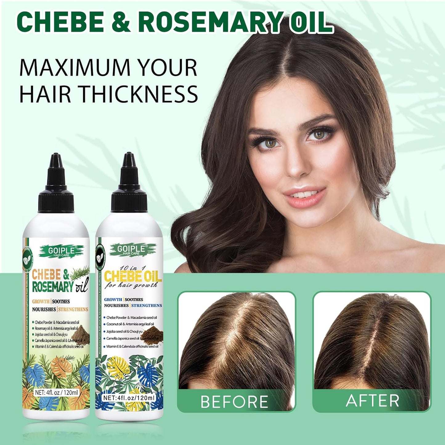 Chebe & Rosemary Hair Oil for Growth, 10 in 1 Moisturizer for Scalp, African Powder for Stronger, Longer Hair, Natural Oil for All Hair Types (2PCS)