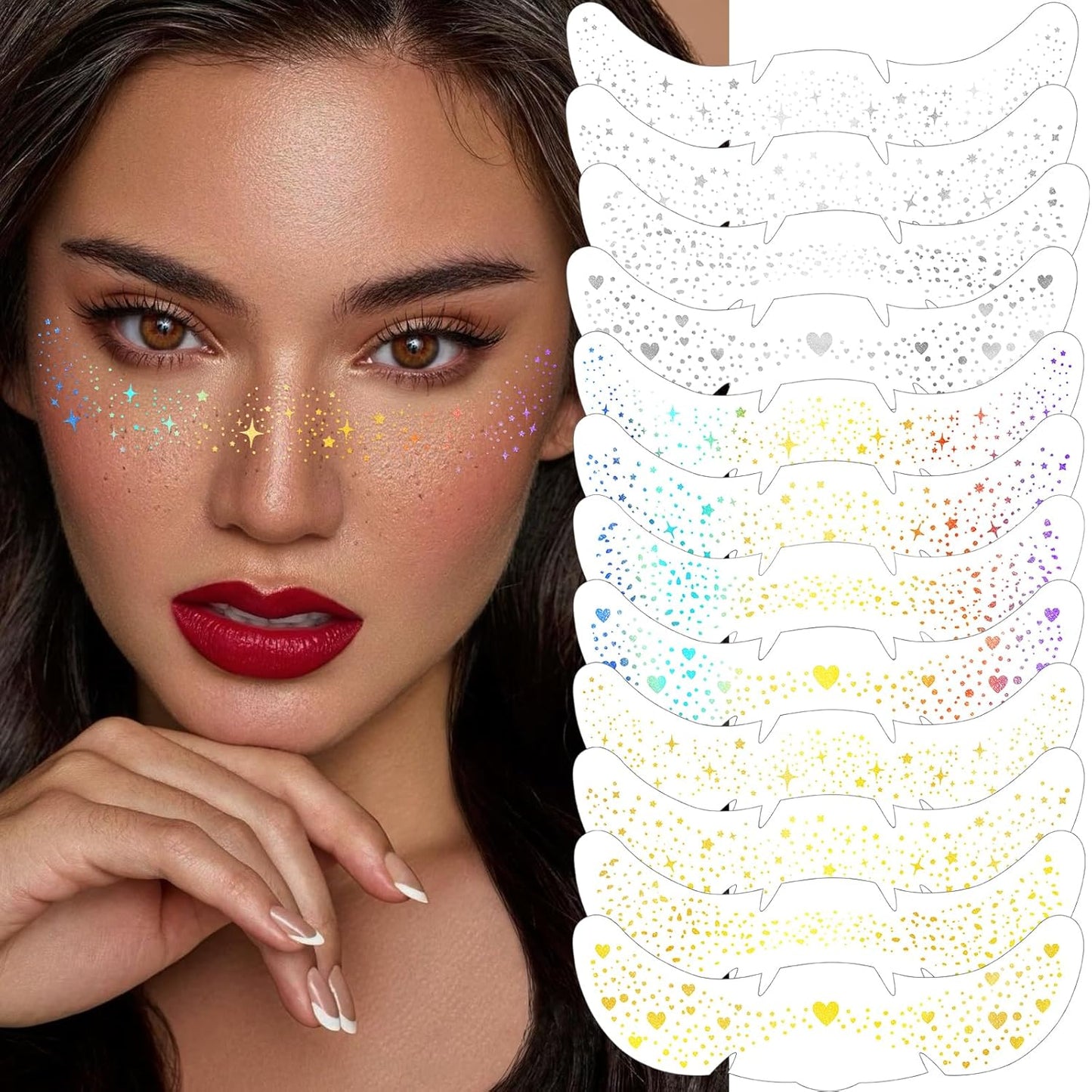 HyperFun 12Pcs Face Glitter Freckles, Face Glitter Fake Freckles Sticker, Gold Sliver Holographic Multichrome Waterproof Sparkle Freckles Makeup Patches for Women Rave Festival Accessories Party Prom