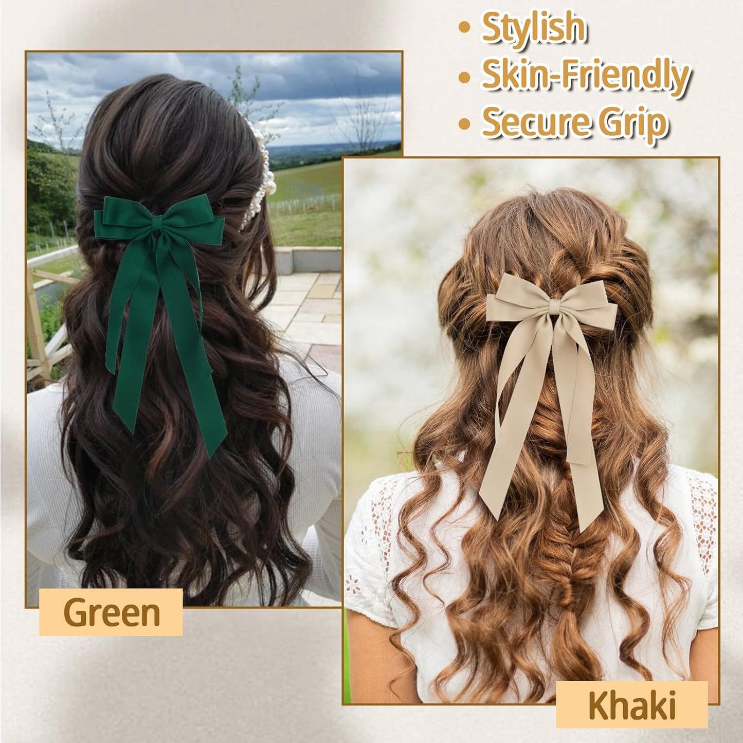 Bow Hair Clips 2PCS Set for Women and Girls - Black White Ribbon Bows for Hair, with Long Tail, Alligator Clip (Green & Khaki)