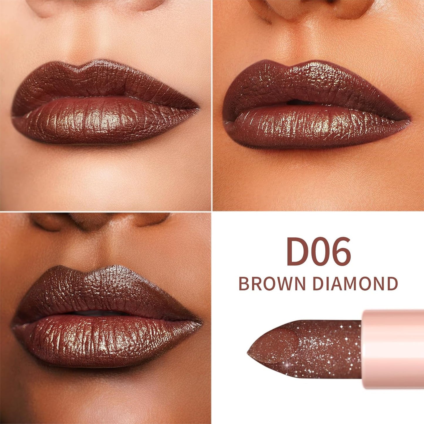 Oulac Shimmer Brown Lipstick, Infinity High Shine Finish, Hydrating Lip Color Infused with Damask Rose Oil for All-Day Comfort, Gluten-Free Vegan Beauty, D06 Brown Diamond