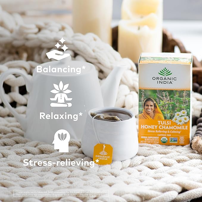 Organic India Tulsi Honey Chamomile Herbal Tea - Holy Basil, Stress Relieving & Calming, Immune Support, Adaptogen, Vegan, USDA Certified Organic, Caffeine-Free - 18 Infusion Bags, 1 Pack