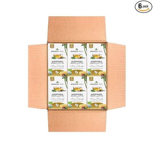 Miracle Tree - 6 Count of Organic Moringa Superfood Tea, 25 Individually Sealed Tea Bags, Honey & Vanilla (Keto, Detox, Energy/Immunity Booster, Vegan, Gluten-Free, Organic, Non-GMO, Caffeine-Free)