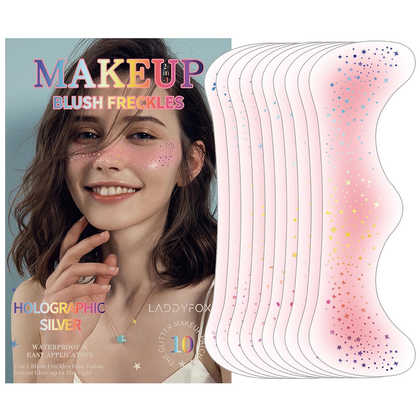 10 Pcs Holographic Multichrome Glitter Freckles Face Tattoos, 2-in-1 Rose-pink Blush and Holographic Laser Temporary Tattoos, Waterproof and Long-lasting Face Makeup Tattoos for Women and Girls