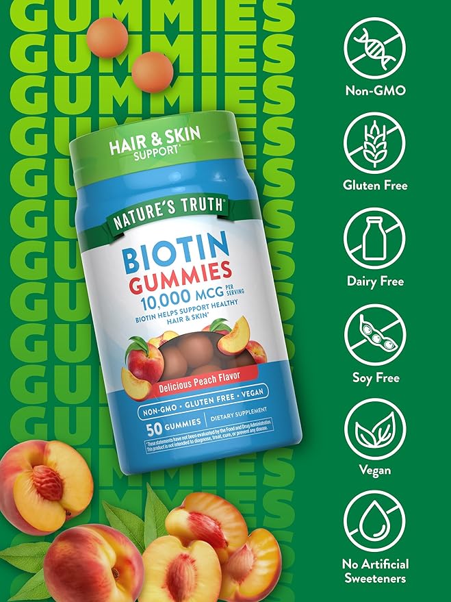 Nature's Truth Biotin Gummies | 10000mcg | 50 Count | Vegan, Non-GMO & Gluten Free Supplement | Peach Flavor