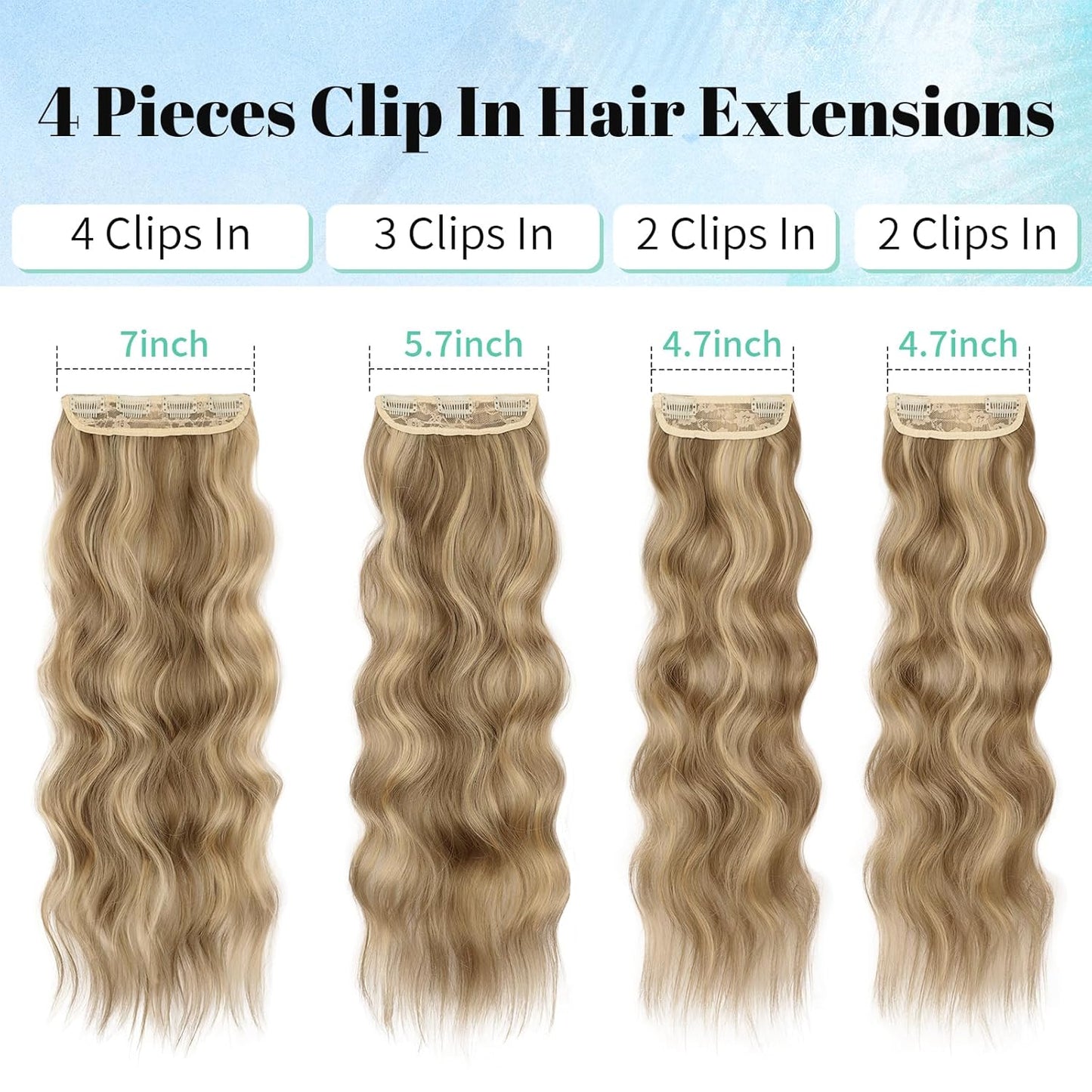KooKaStyle Clip in Synthetic Hair Extensions Long Wavy 4PCS Thick Hairpieces Light Brown mix Golden Blonde Fiber Double Weft Natural Hair Extensions 24 Inch for Women