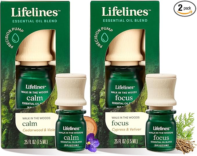 Lifelines Essential Oil Blends, 2-Pack - Blended Essential Oils with Mess-Free Precision Pump for Aromatherapy Diffusers - Long-Lasting Scented Fragrance - Walk in The Woods (Calm & Focus)