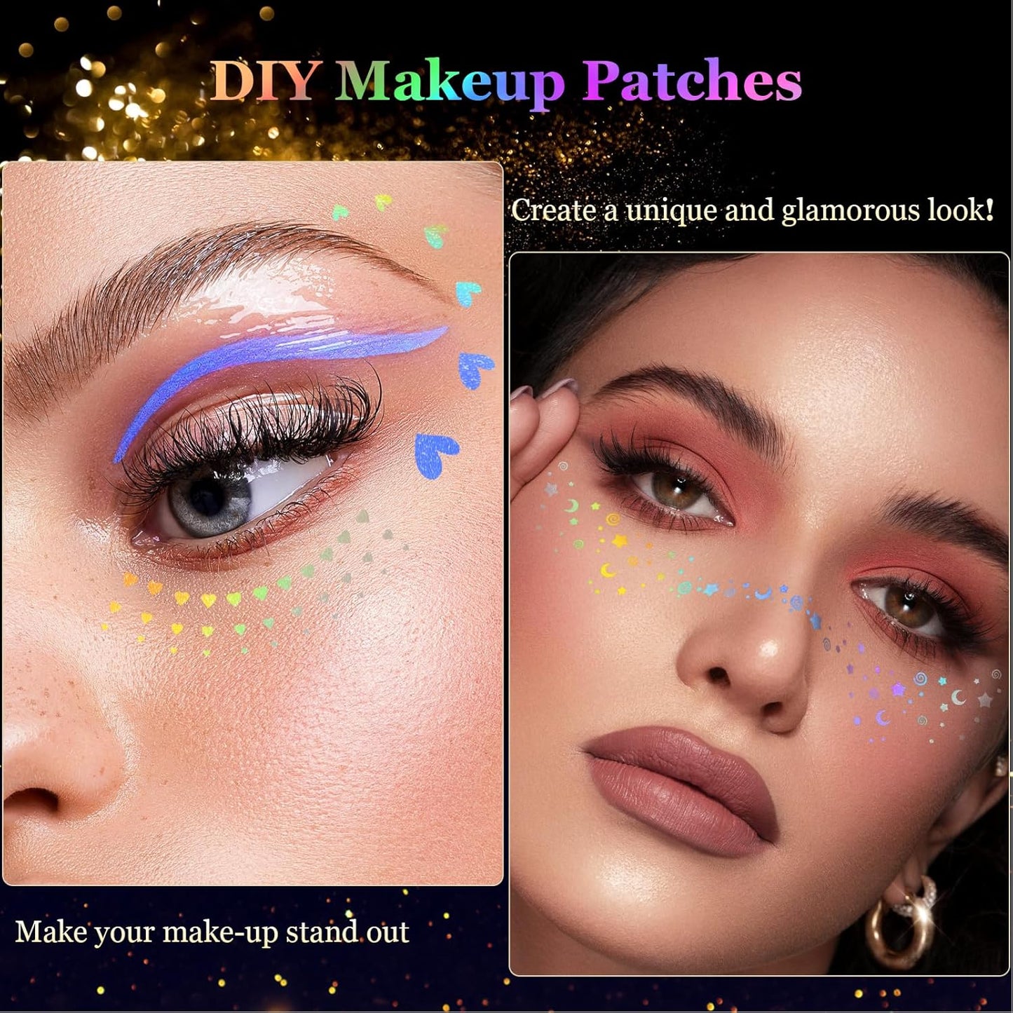 HyperFun 12Pcs Face Glitter Freckles, Face Glitter Fake Freckles Sticker, Holographic Multichrome Waterproof Sparkle Freckles Makeup Patches for Women Rave Festival Accessories Concerts Party Prom