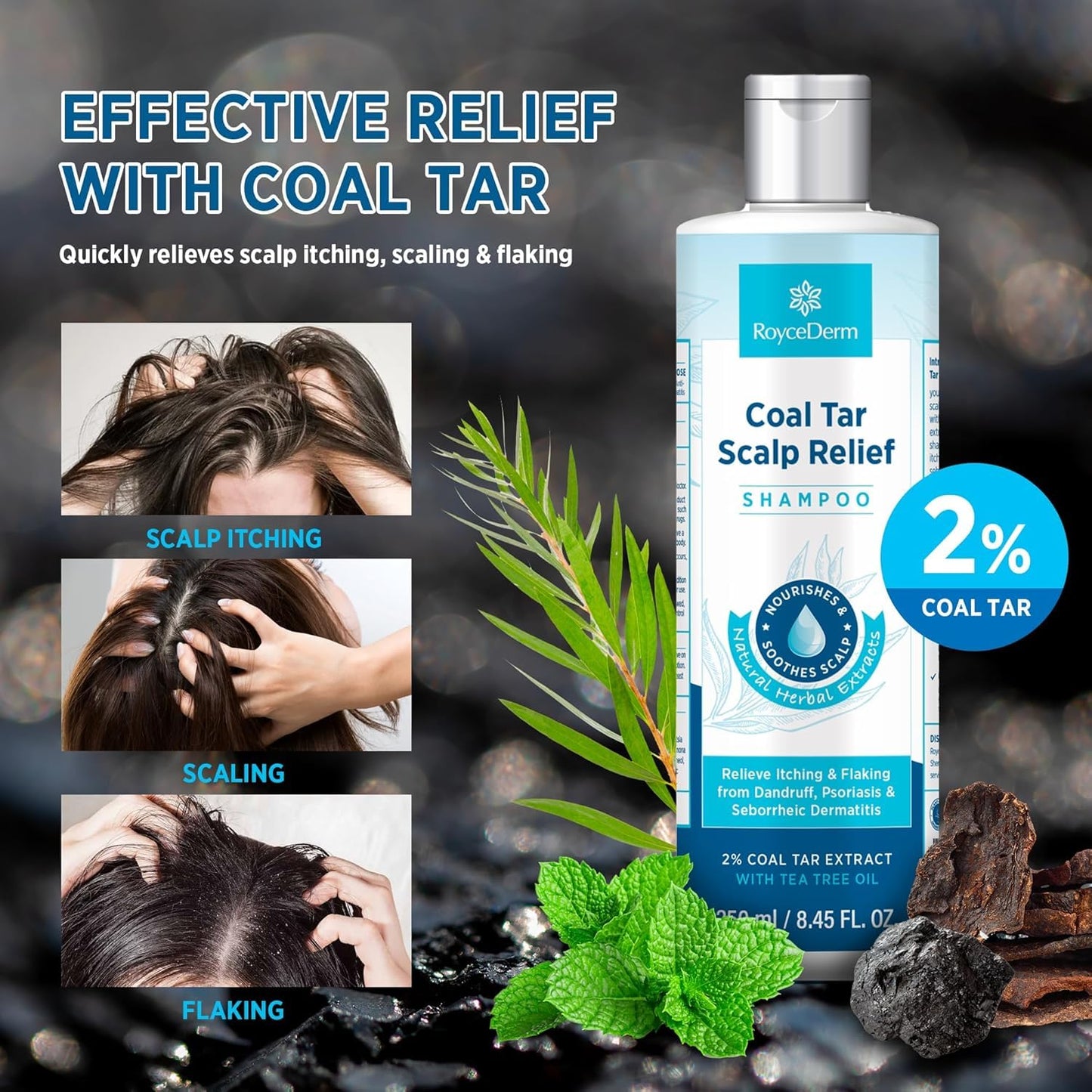 Roycederm Coal Tar Dandruff Shampoo: Extra Strength 2% Coal Tar Extract Medicated Gel for Rapid Scalp Hair Relief targets dandruff, psoriasis, and seborrheic dermatitis - Hydrating & Natural - 2 Pack