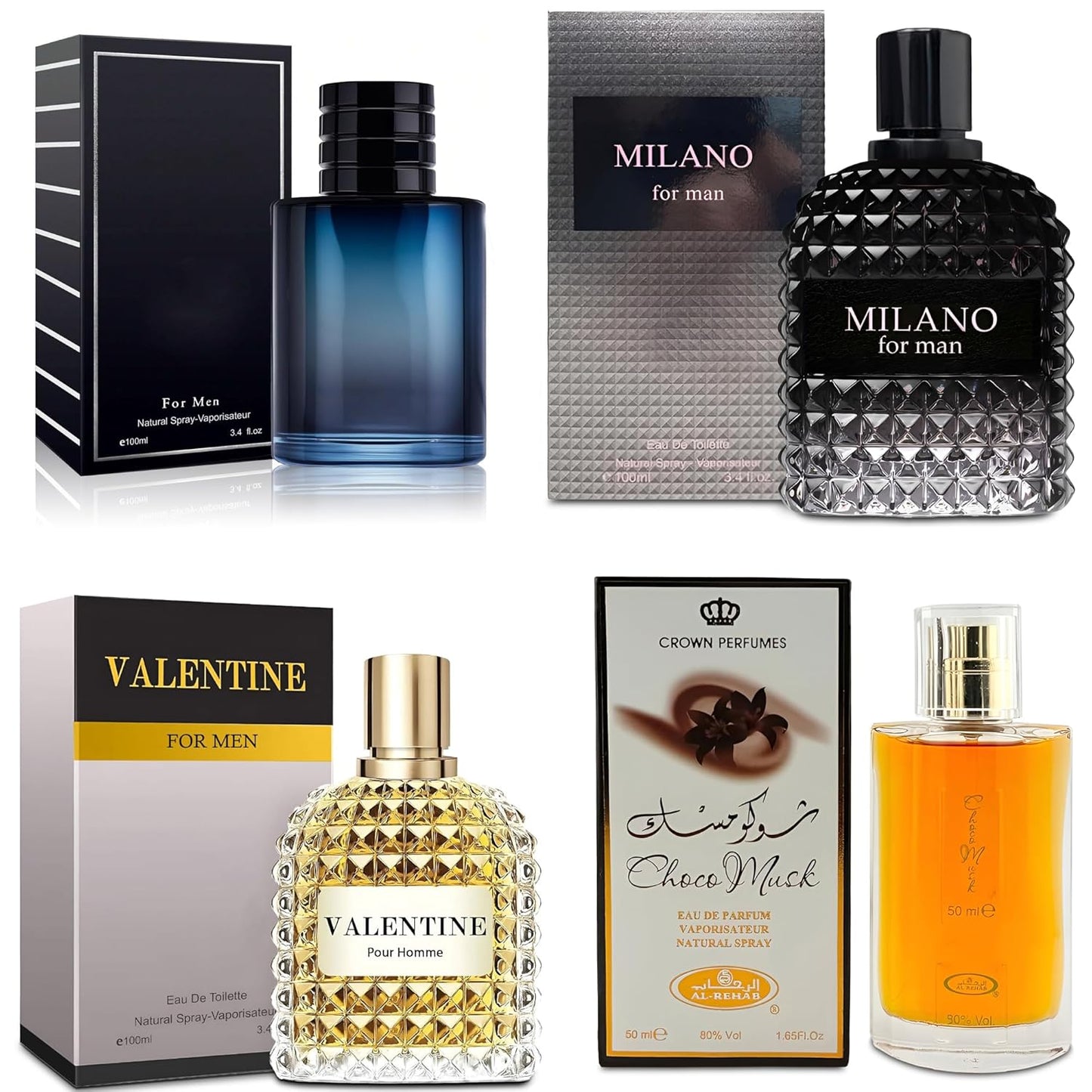4-Piece Cologne for Men Includes Choco Musk/SE/Valentine/Milano Scent of Woody, Spicy, Citrus & Aromatic eau de parfum Men Gift Set Each 100Ml for Daily Use