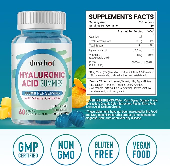 Hyaluronic Acid Gummies, Hyaluronic Acid Supplements Gummies, Hyaluronic Acid with Vitamin C & Biotin 5000mcg for Hair Skin Nails Gummies, 60 Chews