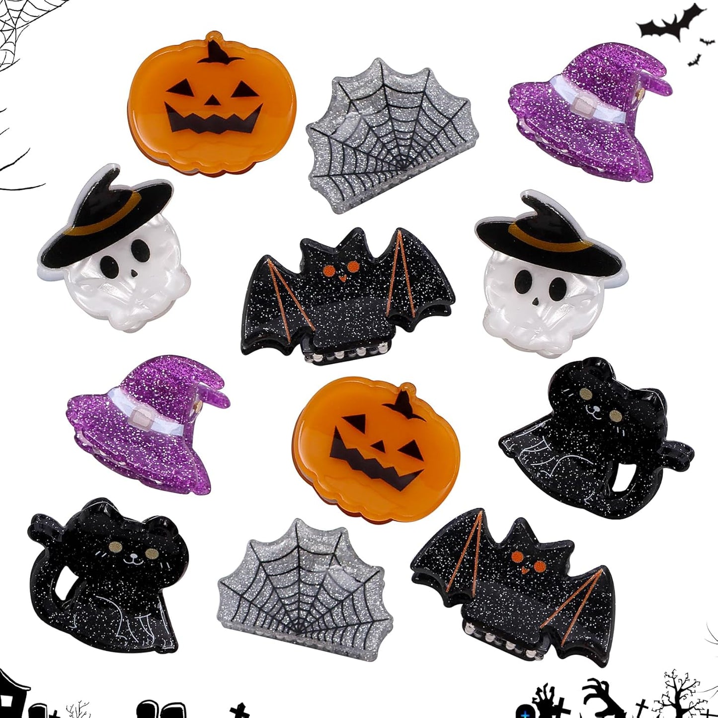 Mini Halloween Hair Clip -12PC Small Claw Clips Pumpkin Ghost Bat Spider Shape Hair Claw for Girls, Cute Hair Accessories (mini-Halloween hair clips)