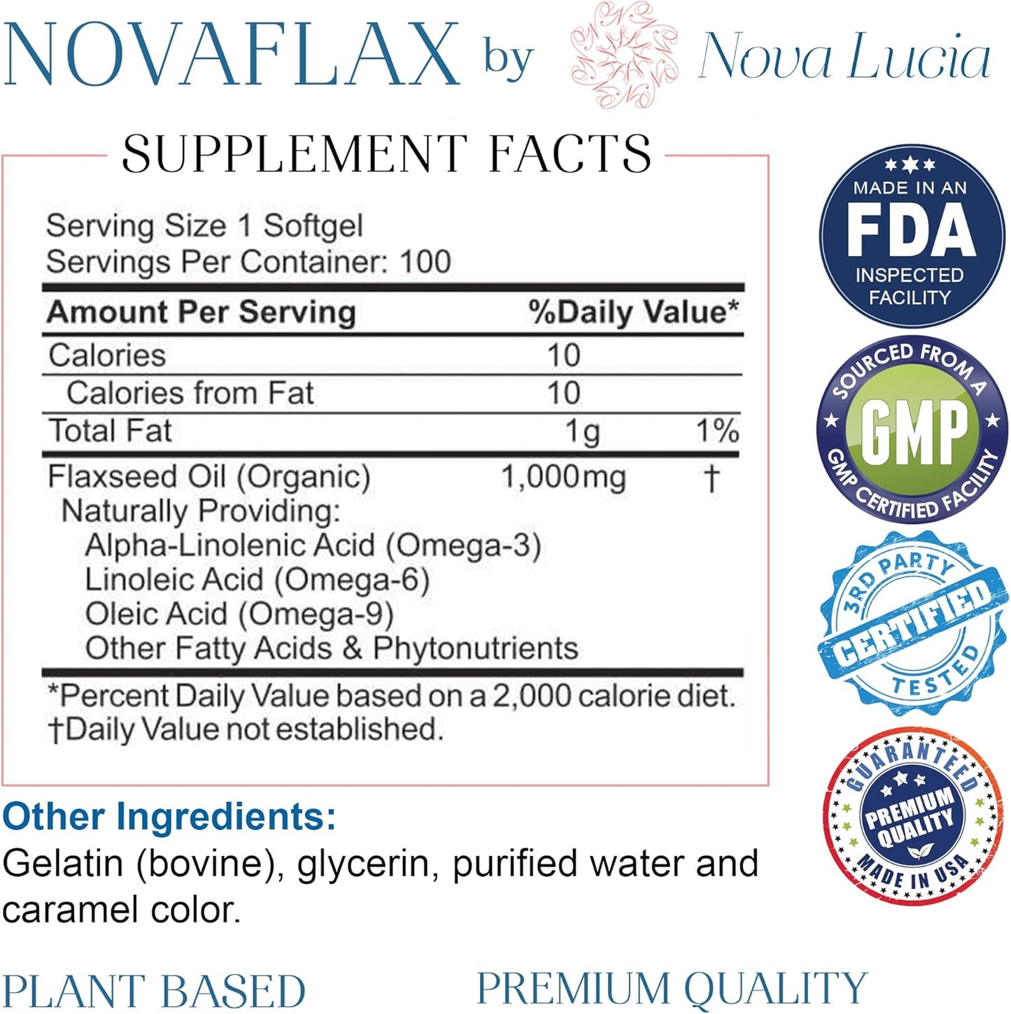Nova Lucia Organic Flaxseed Oil Capsules 1000mg – Omega 3 6 9 Softgels for Hair, Skin & Nails – Non-GMO, Gluten-Free, Hexane-Free, Easy to Swallow – 100 Liquid Softgels