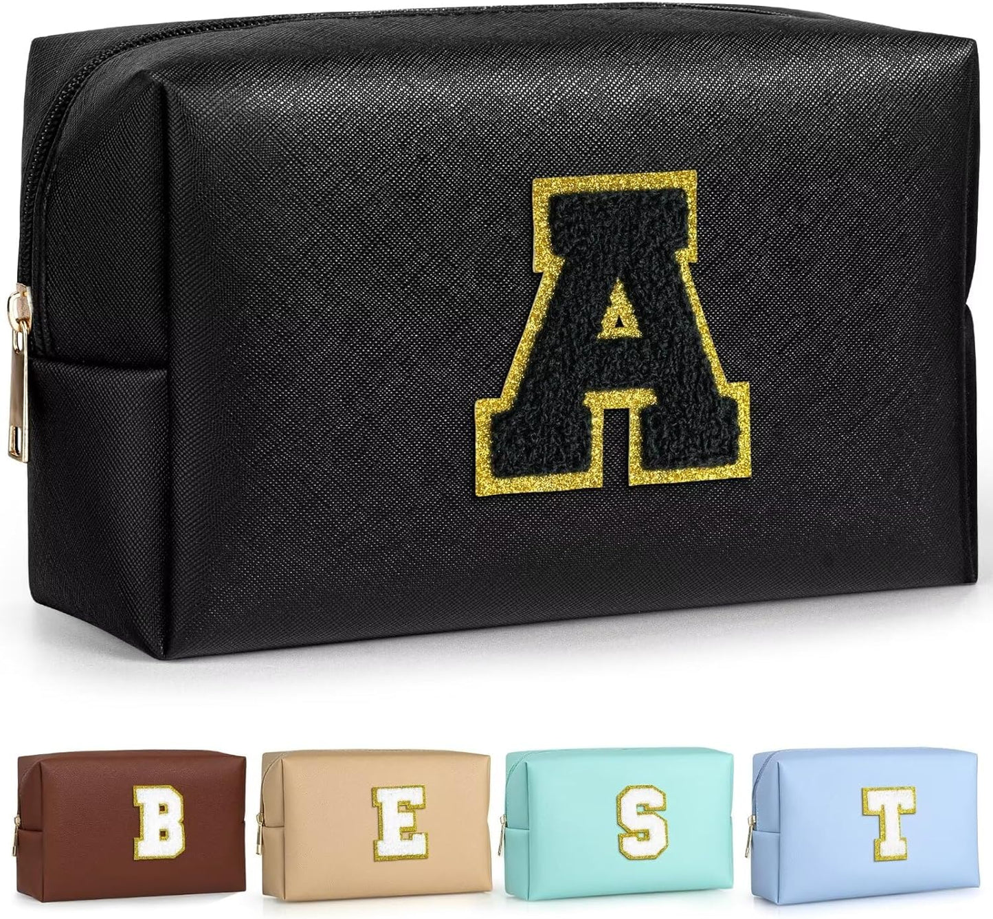 TOPEAST Initial Makeup Bag, Personalized Initial Bags with Zipper, Cute Makeup Pouch, PU Leather Waterproof Cosmetic Bag, Birthday Gift for Women, Preppy Things for Girls (Black A)