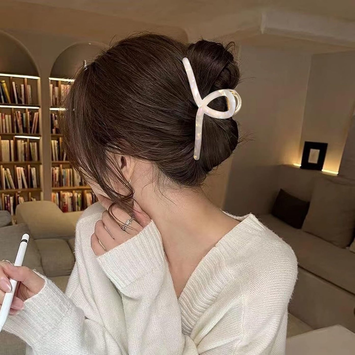 Big Butterfly Metal & Acetate Hair Clamps for Women and Girls - 4.7" Large Hair Accessories with Strong Hold for Long, Thick Hair (Pearly White, 1 Pc)