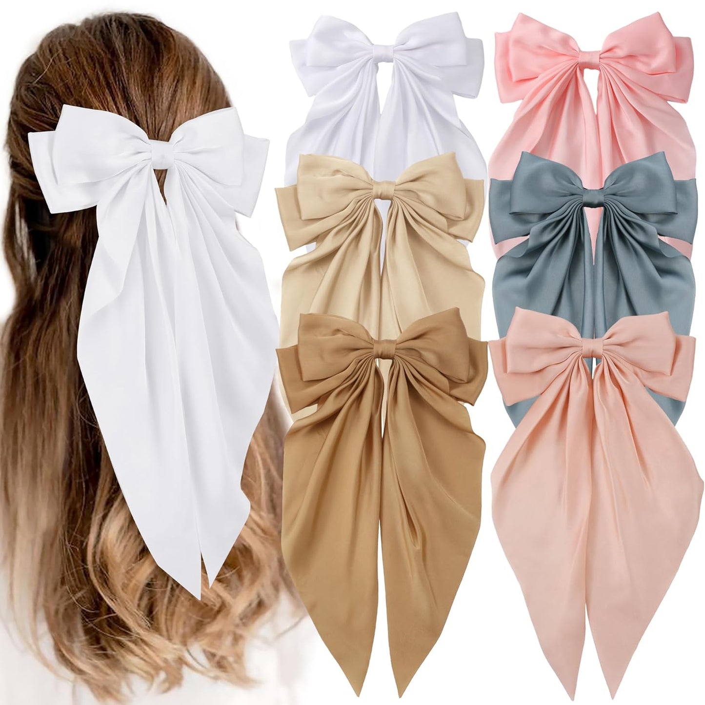 6 PCS Hair Bows for Women, Big Bow Hair Clips for Girls, Silky Satin Hair Bows Clips Oversized Long Tail, Large Hair Barrettes Cute Hair Accessories, Metal Bow Clips for Hair Khaki Color